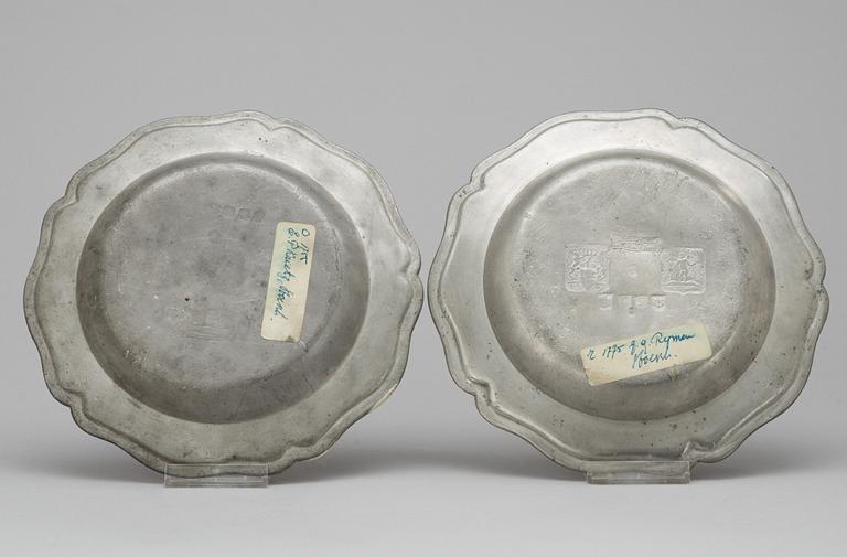 Two Swedish pewter rococo plates.