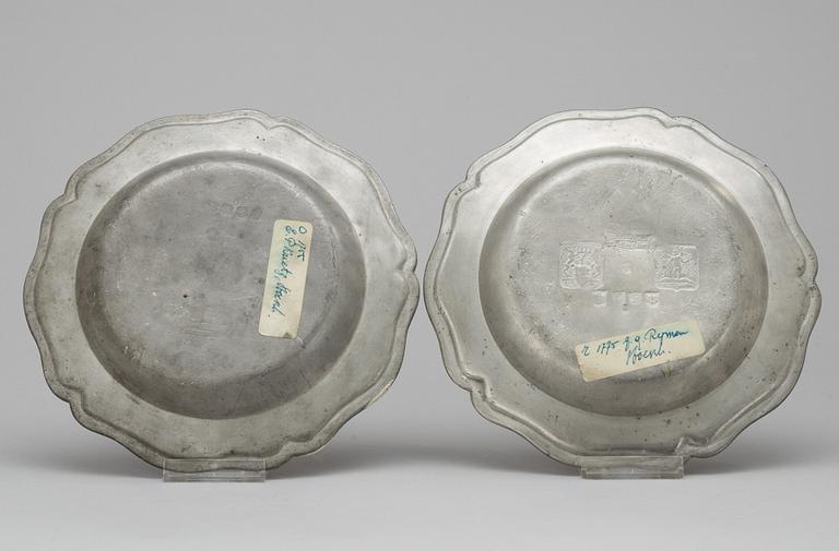 Two Swedish pewter rococo plates.