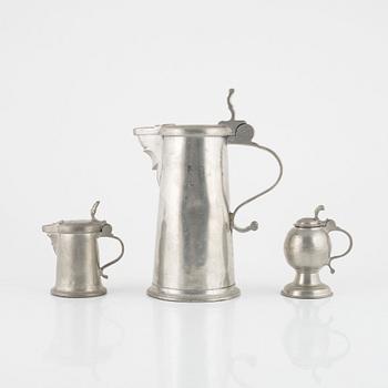 A pewter tankard, jug, and mustard jug by N. Forss (master active in Västerås 1740-86).