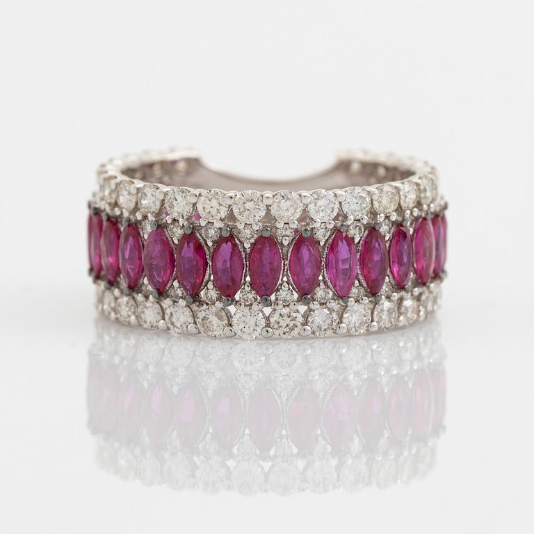 Navette ruby and brilliant cut diamond ring.