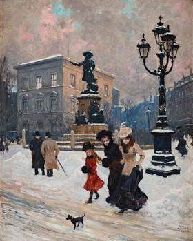 441. Paul Fischer, Pedestrians in front of the Statue of Niels Juel in Copenhagen.