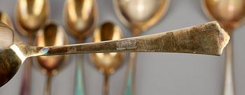 MOCKASKEDAR, 8st, DESSERTSKEDAR, 3 st samt SERVERINGSGAFFLAR, 3+1st, sterling och emalj, David Andersen Norge.