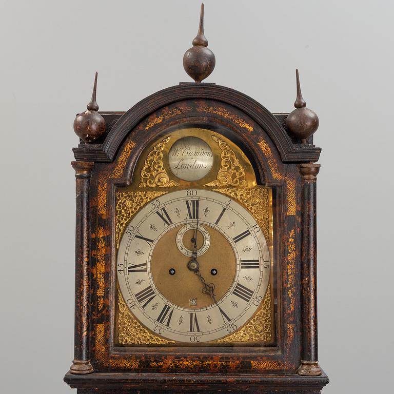 A japanned longcase clock by William Camden, London, England, 18th Century.