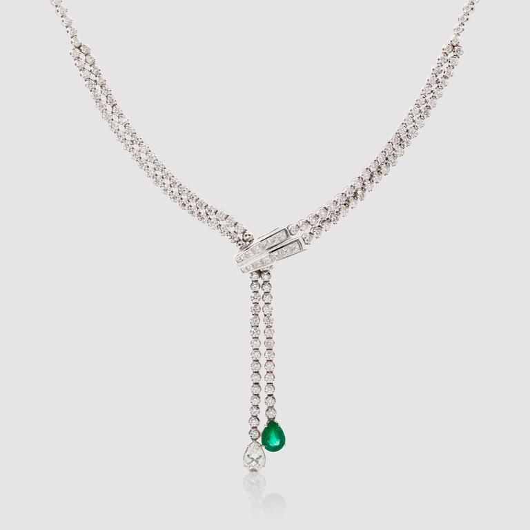 A pear-shaped emerald and brilliant-cut diamond necklace. Total carat weight circa 9.50 cts.