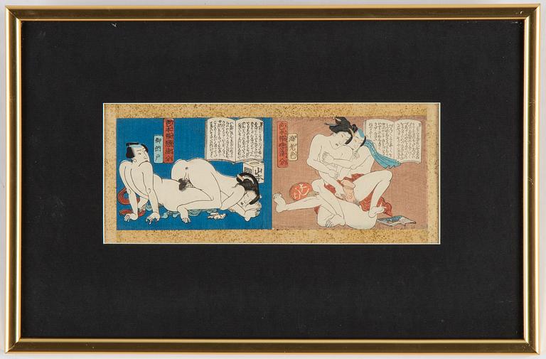 Blad ur album, 6 st, färgträsnitt. Japan, sent 1800/tidigt 1900-tal.