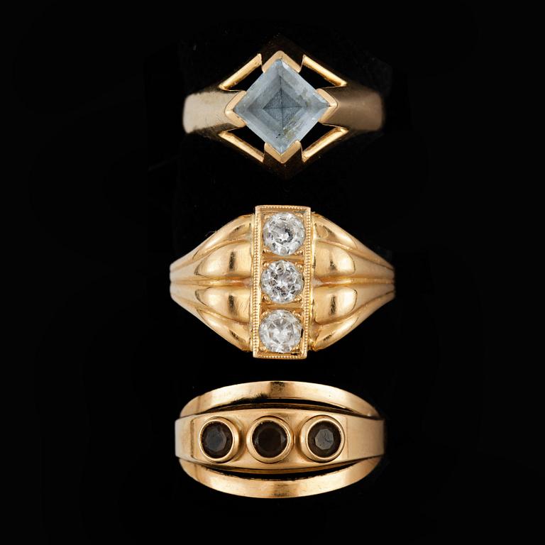 RINGAR, 3 st, 18k guld med diverse stenar. Vikt ca 8,5 gram.