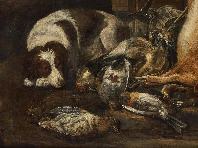 Hunting still life with dog, hare, and birds.