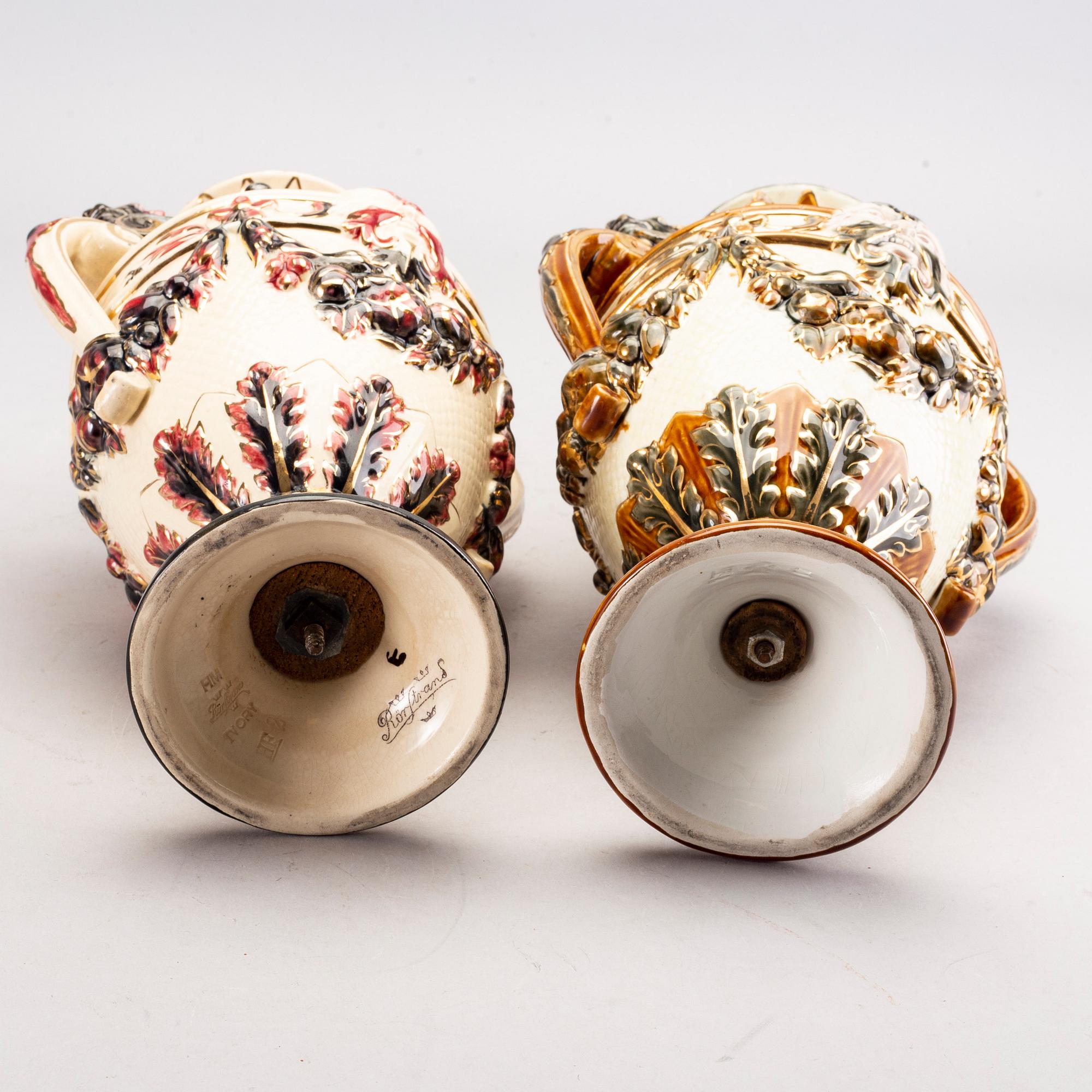 A set of two Rörstrand majolica urns around 1900.