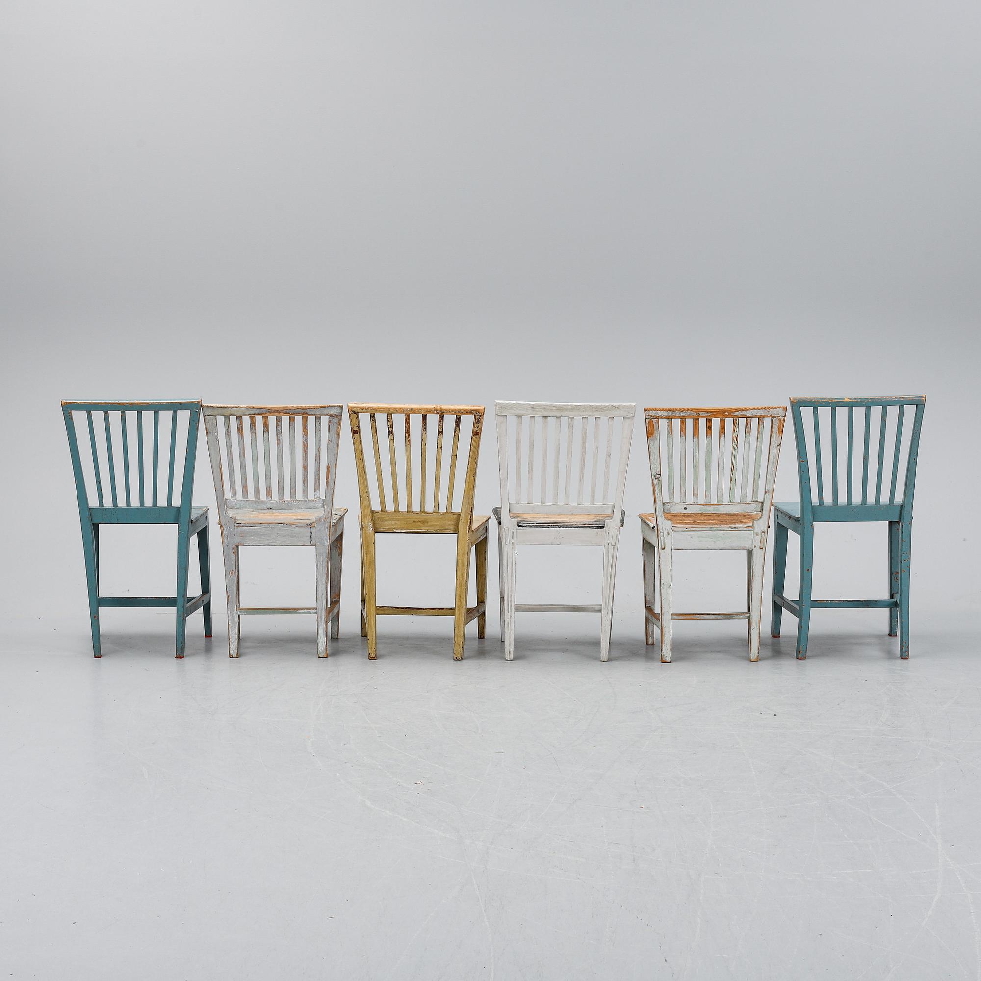 Six matched chairs, 19th Century.