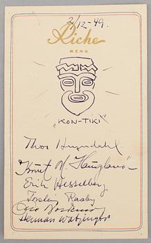 MENU MED AUTOGRAFER OCH TECKNING, "Kon Tiki", bla Thor Heyerdahl, egenhändiga, dat 2/12 -49.
