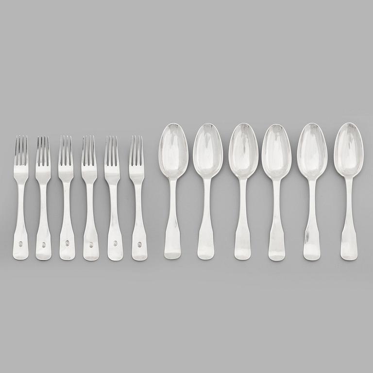 A set of 12 Swedish 18th century dinner-forks and dinner-spoons, mark of Jonas Yman, Stockholm 1780.