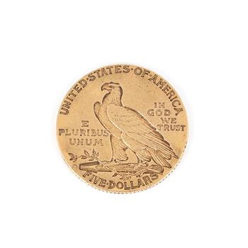 GULDMYNT, Indian Dollar, 5 Dollar, USA 1910. Vikt ca 7,5 gram.