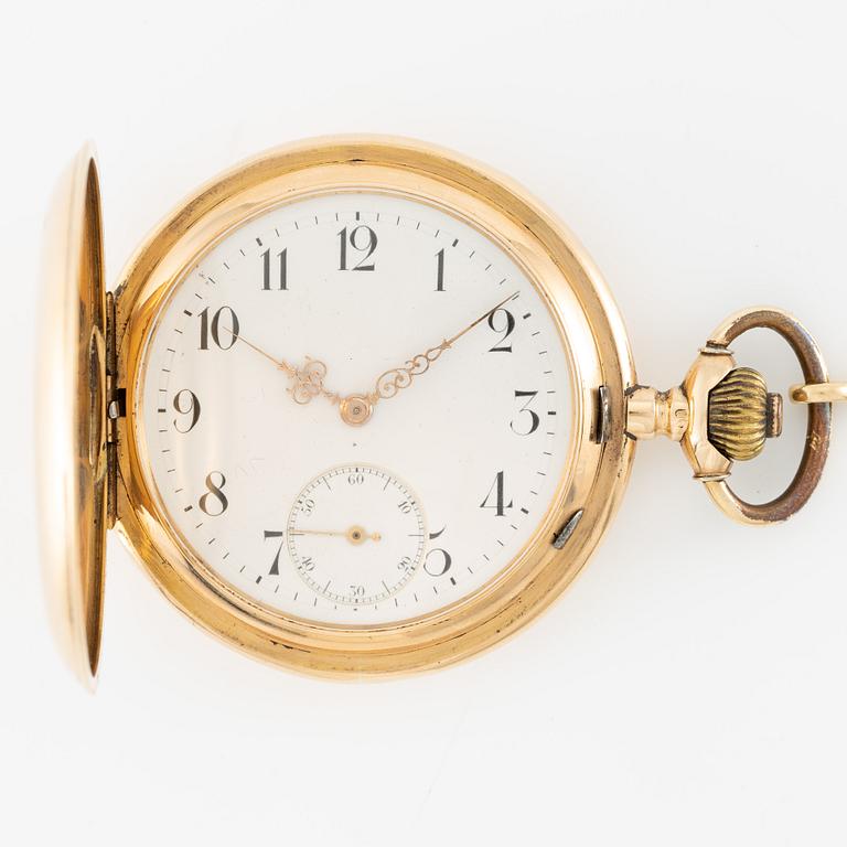 Grosjean Freres, pocket watch, 18K gold, hunter, chain in 18K gold, 53 mm.