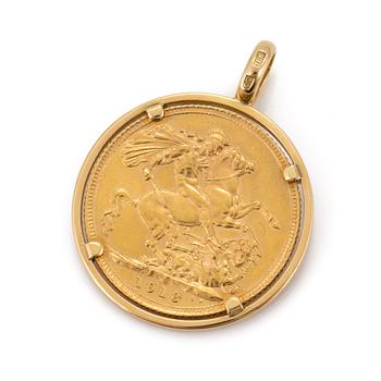 A 21,6K gold 1913 Sovereign coin pendant.