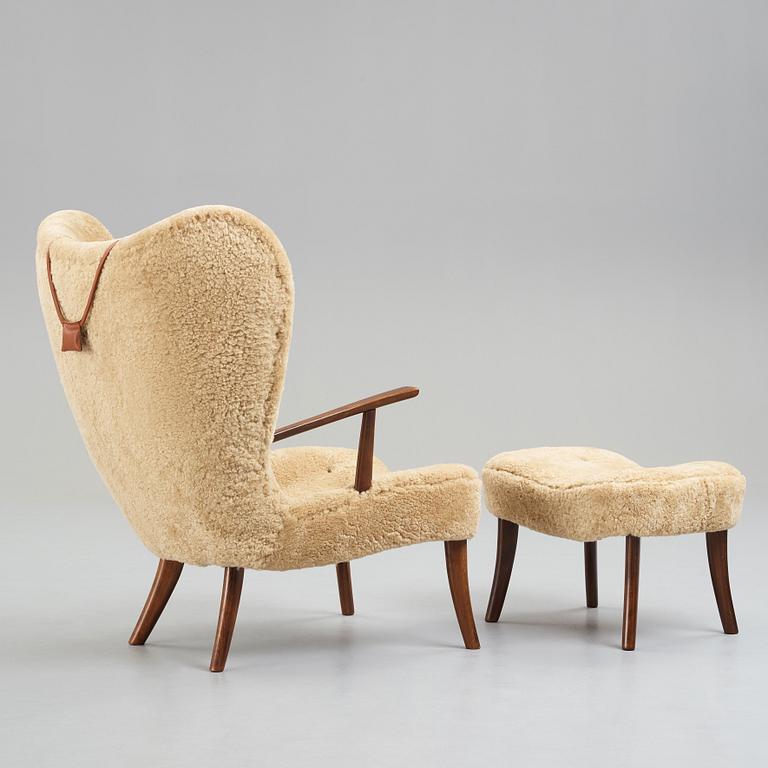 IB MADSEN & ACTON SCHUBELL, "Pragh", fåtölj med fotpall, Madsen & Schubell Co, Danmark 1940-50-tal.