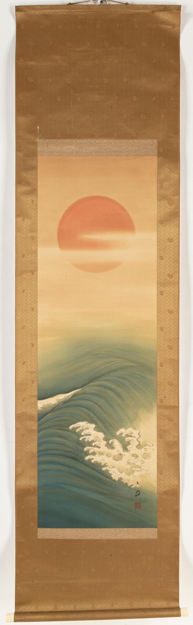 A group of three Japanese hanging scrolls, ink and colour on silk, 20th century.