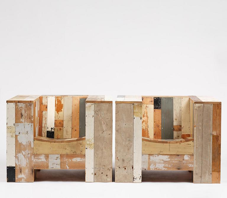 Piet Hein Eek, Armchairs, a pair, “Large Scrapwood Chair”, the Netherlands, after 2008.