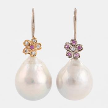 Cultured baroque South Sea pearl and pink sapphire and brilliant-cut diamond earrings.