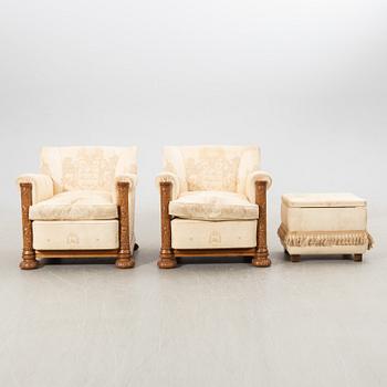 Armchairs, a pair, and footstool, Baroque style, 1940s.