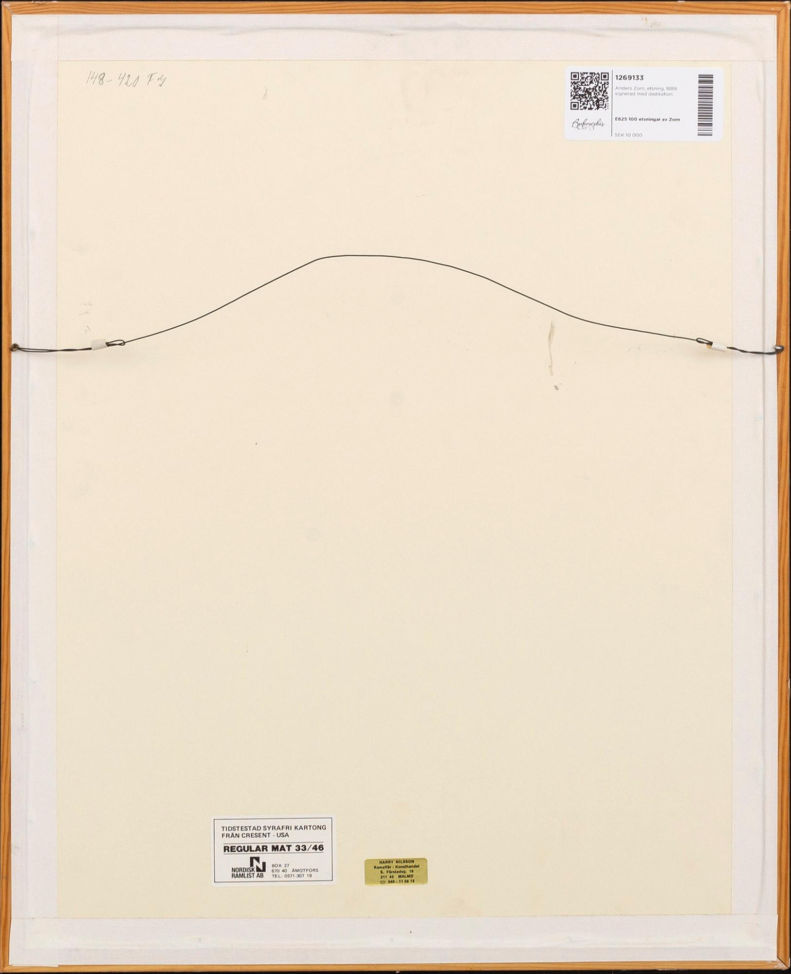 Anders Zorn, etsning, 1889, signerad med dedikation.