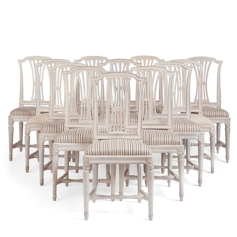 A set of twelve Gustavian chairs by J. Hammarström (master 1794-1812) and E. Ståhl (1794-1820).