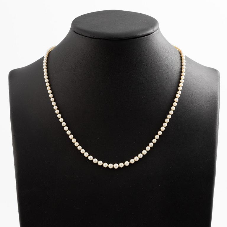 Necklace of cultured pearls with a clasp in 18K gold set with a blue stone.