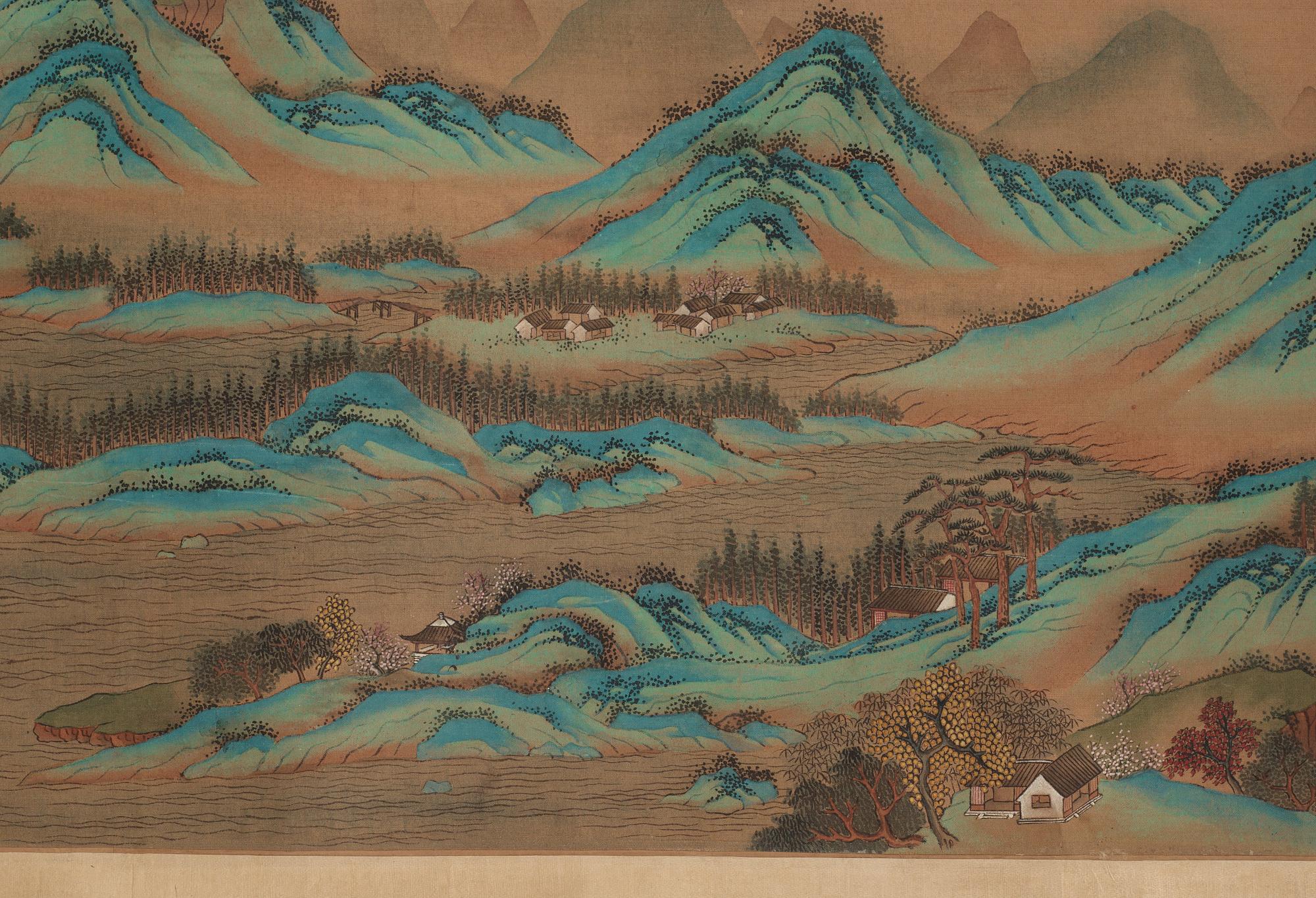 A fine hand scroll landscape painting, copy after Wen Zhengming (1470-1559), late Qing dynasty (1644-1912).