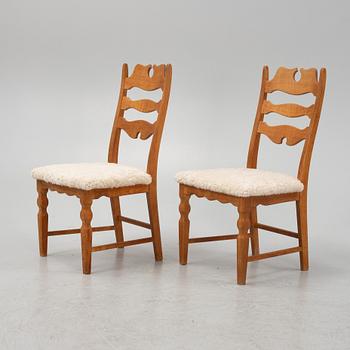 Henning Kjærnulf, a set of six oak 'Razorblade' chairs with new sheepskin upholstery, EGK, Denmark 1960s.