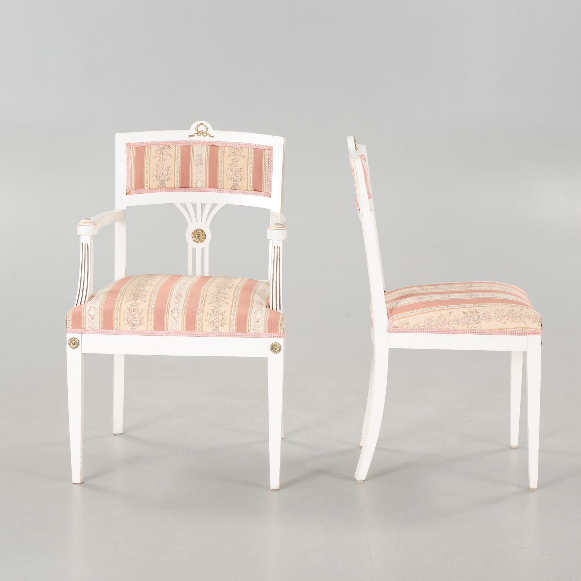 Two gustavian style armchairs and three chairs, first half of the 20th century.