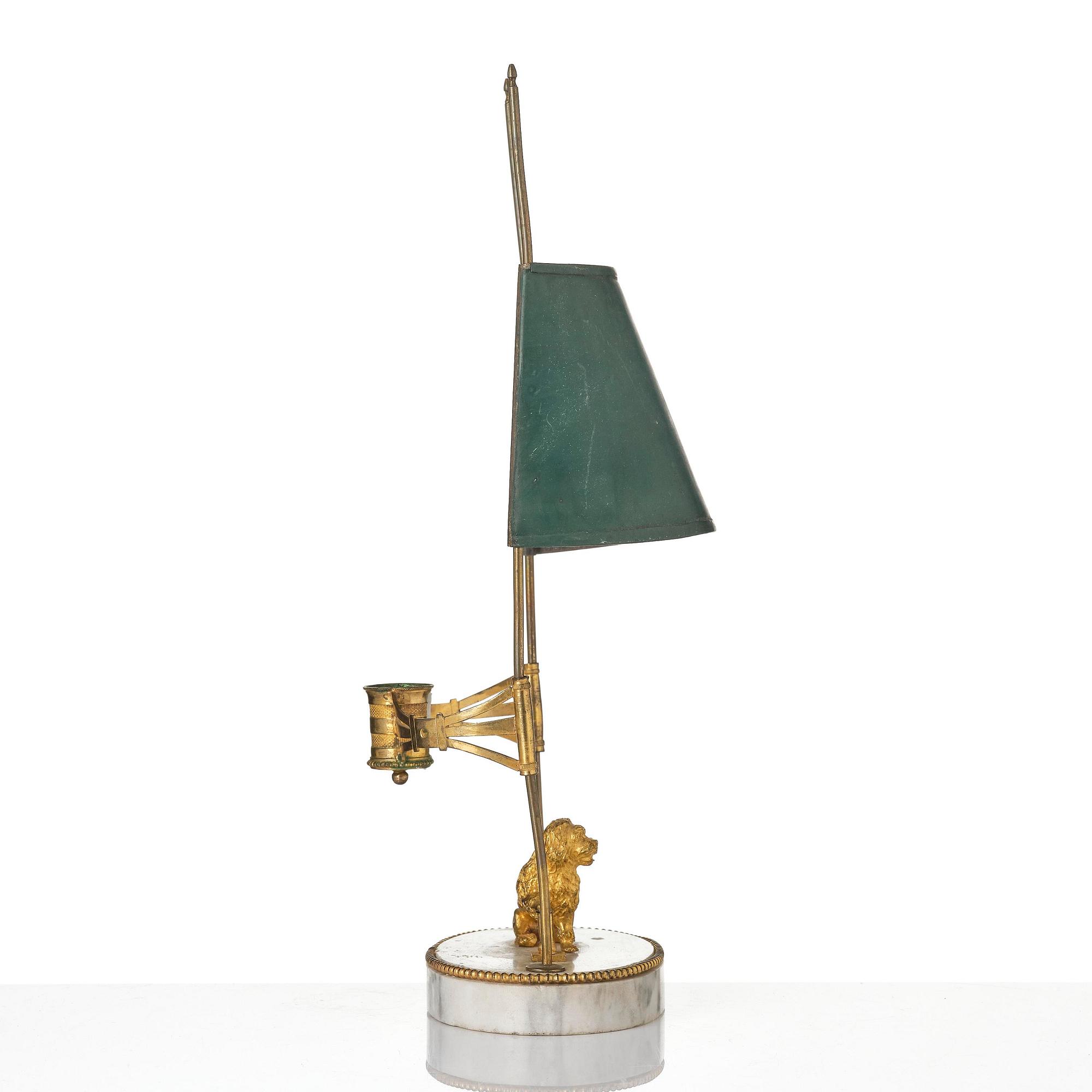 A late Gustavian gilt brass, marble and tole reading lamp, late 18th century.