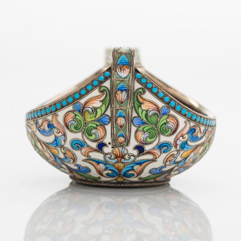 Khlebnikov, a silver-gilt and cloisonné enamel kovsh, Moscow 1908-1917.
