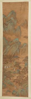 318. A hanging scroll of figures in a landscape, presumably by a female artist (Yinhu from Tongjin), Qing dynasty 1644-1912.