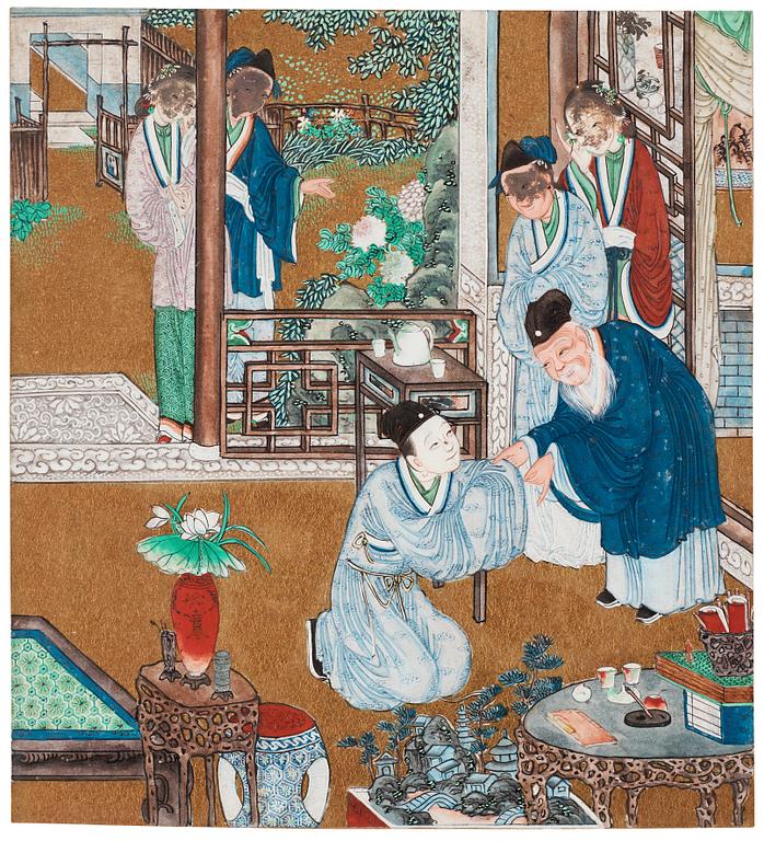 Kinesisk konstnär, färg och tusch på papper, nio stycken. Qingdynastin, 1800-tal.
