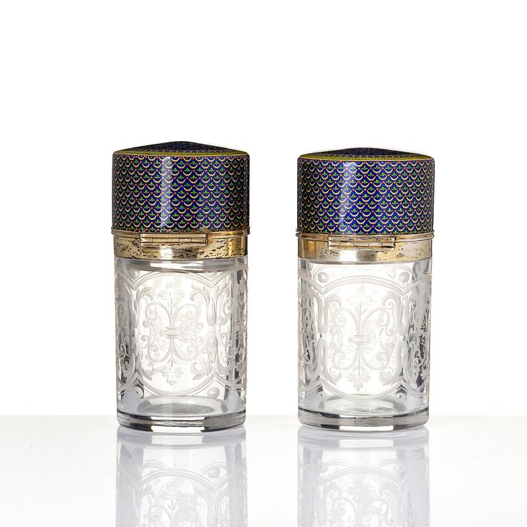 A pair of engraved and glass flacongs with gilt enamelled covers, France/Russia, 19th century.