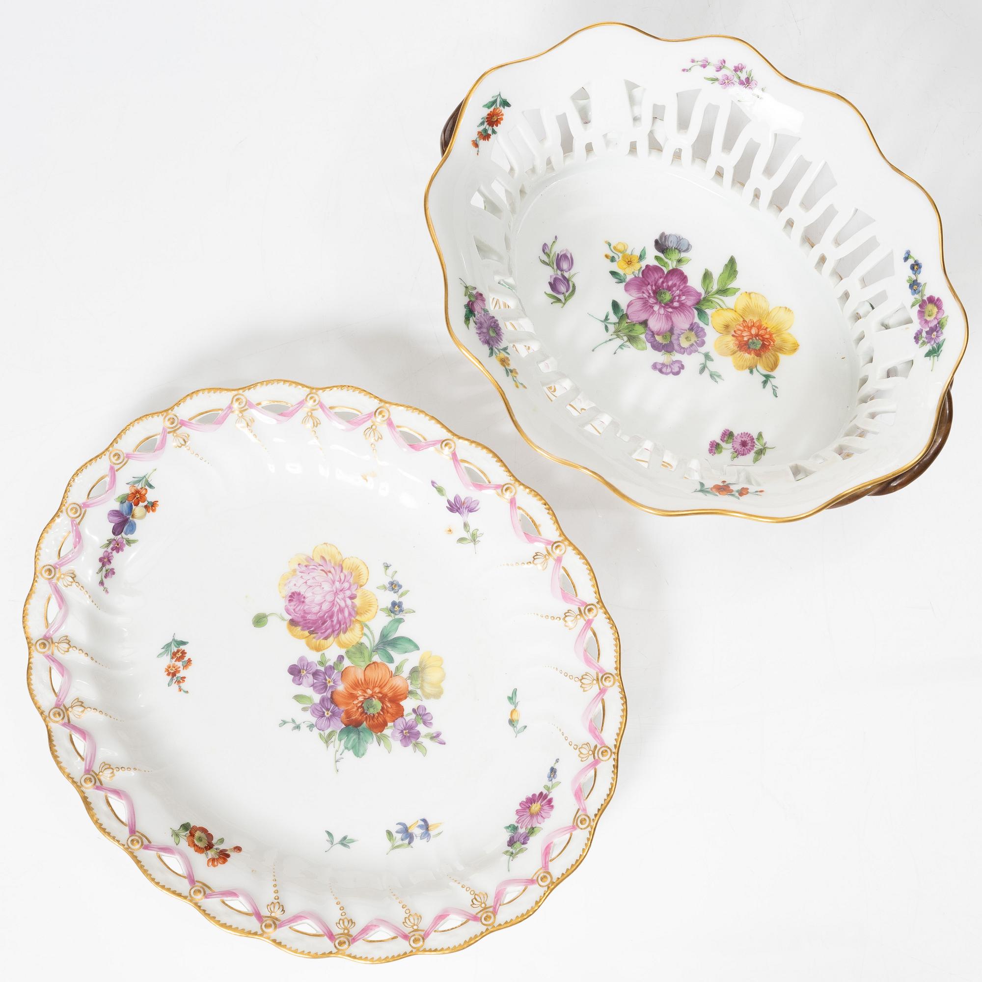 Royal Copenhagen, a 'Saxon Flower' basket on stand, Denmark, 1889-1922.