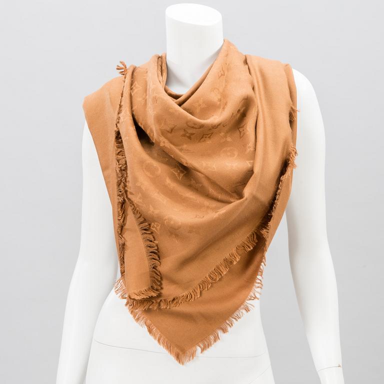 LOUIS VUITTON, MONOGRAM SILK AND WOOL SHAWL.