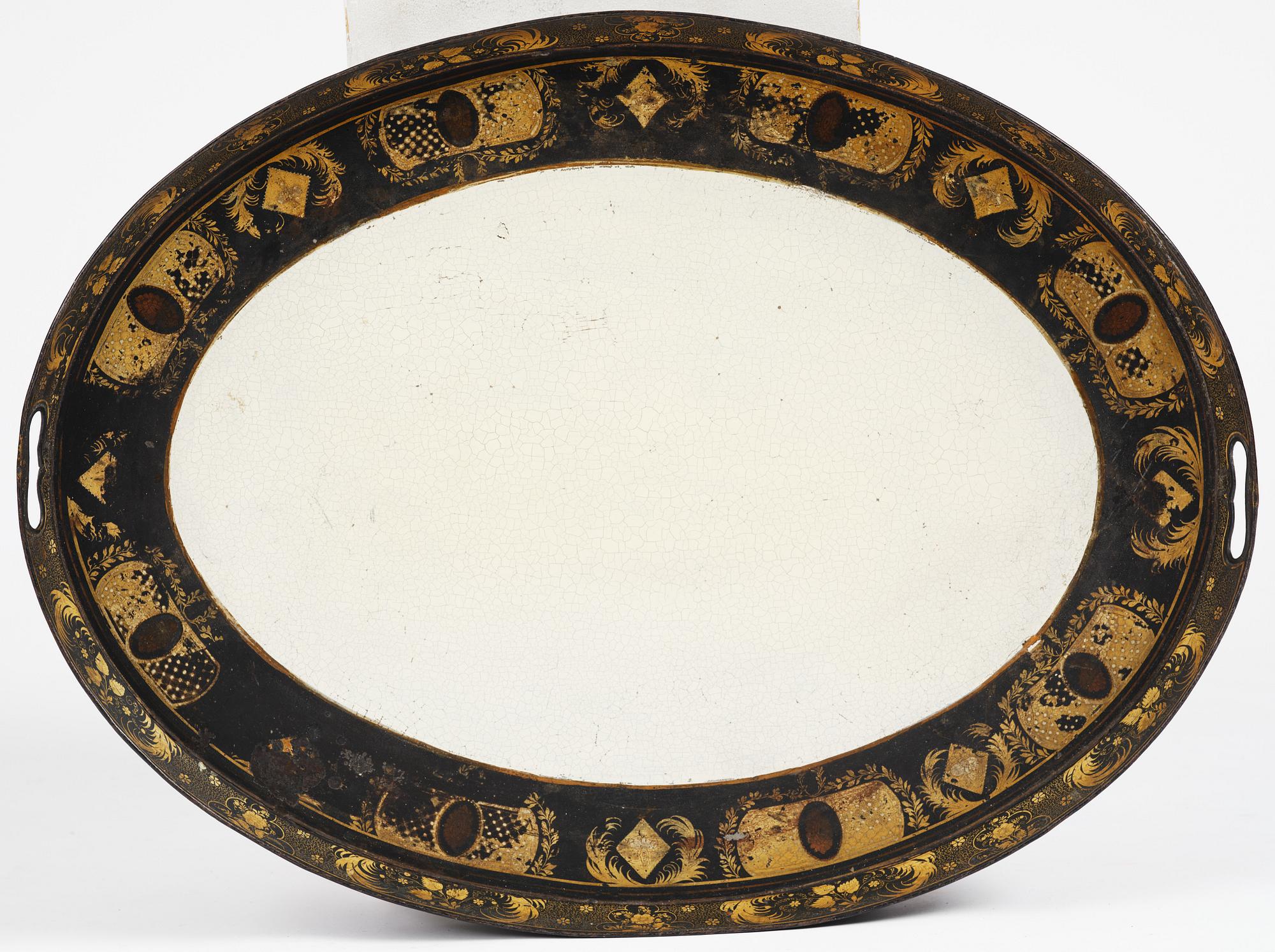 A tole-peinte Empire tray, first part 19th century on a later stand.