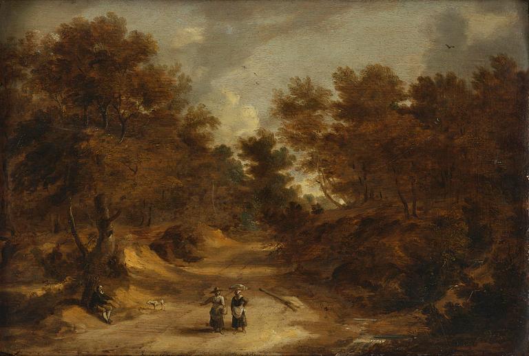 Lodewyk de Vadder, attributed to, Landscape with wandering figures on the road.