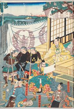 A Japanese coloured woodblock print, triptych, Meiji (1868-1912).