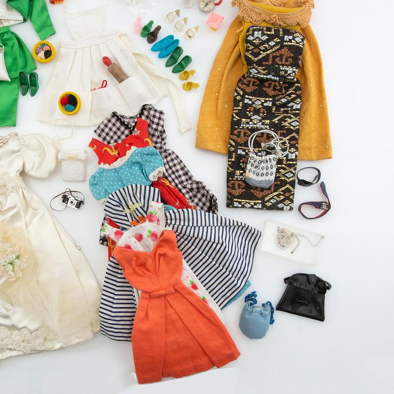 Barbie wardrobe along with clothes and accessories, 1960s, including "Theatre date" 1964.