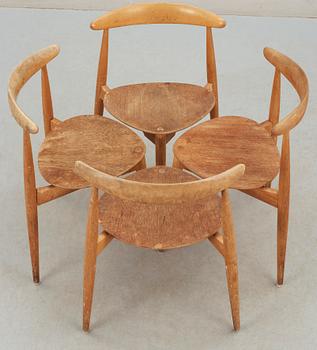 STOLAR, 4 st, "Hjertestolen" Hans J Wegner, Fritz Hansen, Danmark, 1950-tal.