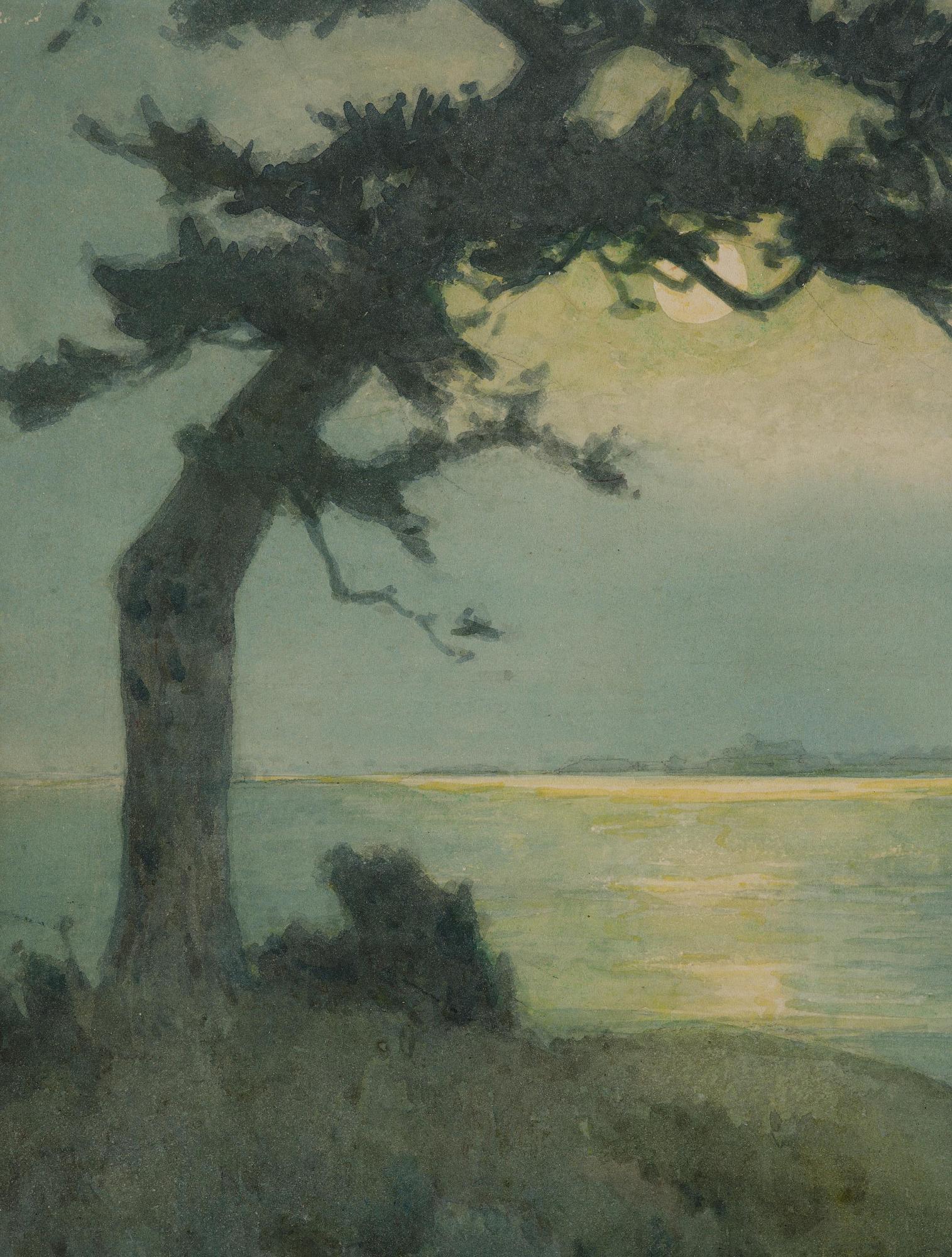 Hiroshi Yoshida, Månlandskap med tall vid kust.