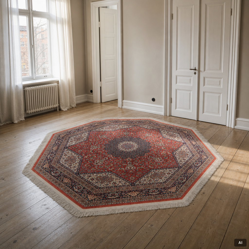 An Oktagonal  silk Qum rug, Central Persia, signed, c. 250 x 250 cm.