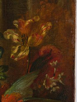 Pieter Casteels III, follower of, Wall panels, a pair, Flower urns with a parrot and a monkey respectively.
