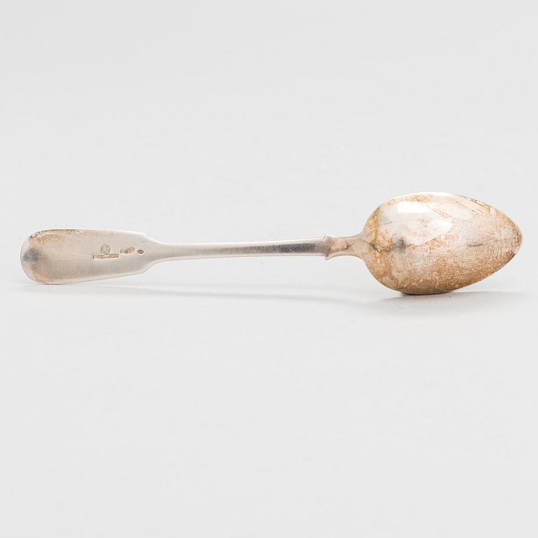 A silver sugar bowl, 1825 and a Hlebnikov silver spoon, early 1900s, both from Moscow.