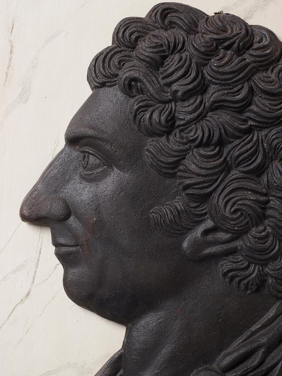 A cast iron portrait depicting the Swedish king Karl XIV Johan, 1818-44.