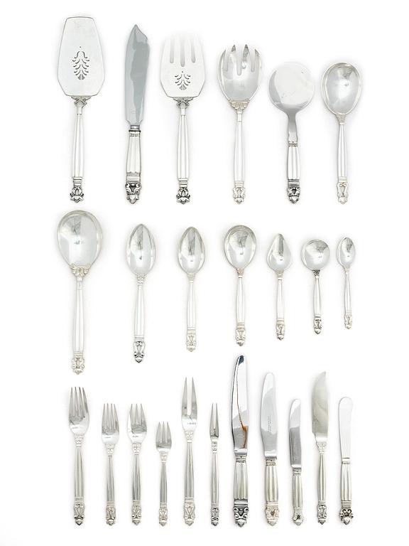 Georg Jensen, bestickservis, 153 delar, "Konge/Acorn", sterling silver och rostfritt, design Johan Rohde, Köpenhamn 1933-1944.
