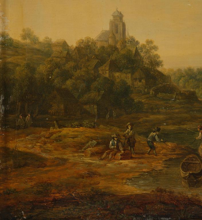 Christian Georg Schütz, Pastorala flodlandskap med figurer och båter, ett par.