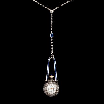 921. A sapphre and rose-cut diamond necklace with a watch pendant. Probably Russian.