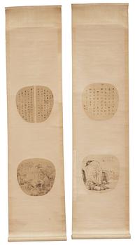 1434. Four fan paintings and calligraphy, of landscapes and flowers, mounted as scrolls, late Qing dynasty/early 20th Century.